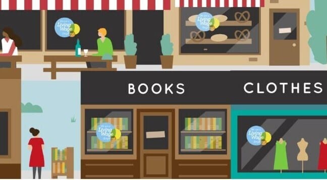 Living Wage logo on shops graphic
