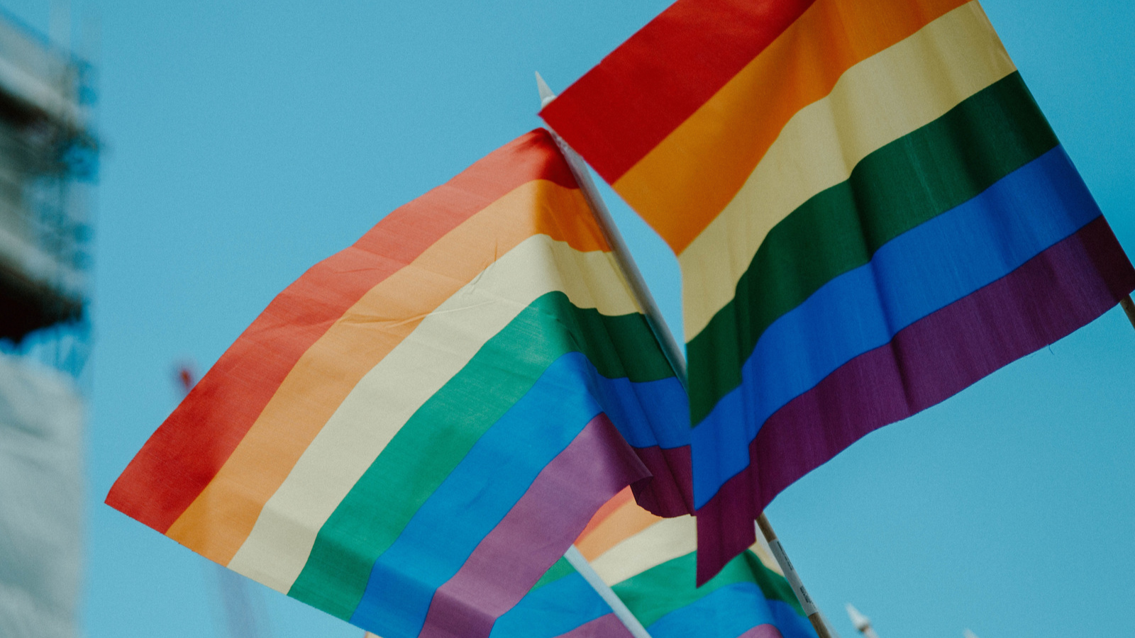 Two pride flags in the wind in front of a clear blue sky.